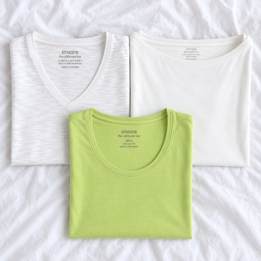 Chicos Set of 3 Green + White Cotton Ultimate T-Shirts SZ 3 XL Slub V Neck NWOT